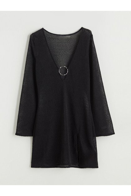 Rochie de plajă pentru femei LCW DREAM, neagră, cu decolteu în V și detalii cu inele, din colecția Cc Collection