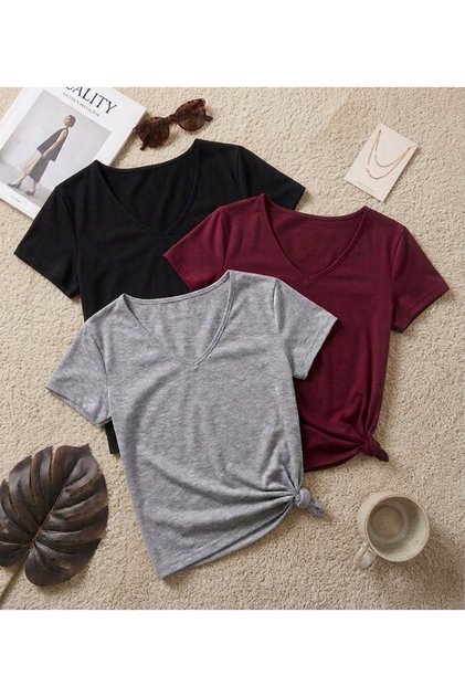 3 Pieces of Plain Regular Fit (V-Neck) Women's T-Shirts