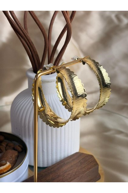 Wavy Textured Gold Color Large Hoop Steel Women's Earrings
