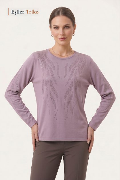 Women's Powder Willow Leaf Patterned Blouse with Stones on the Chest and Sleeves, Mother Combed Cotton Blouse
