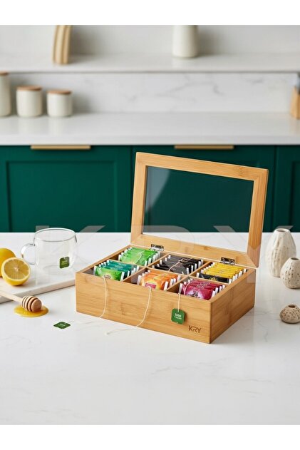 KRY Ahşap Bambu 6 Bölmeli Kapaklı Çay Kutusu – Toka Takı Organizer