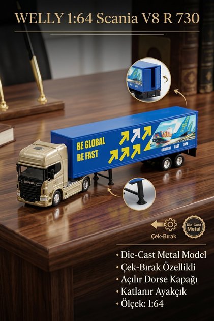 Welly 1:64 Scania V8 R 730 Metal Çek Bırak Oyuncak Tır Transporter Lisanslı