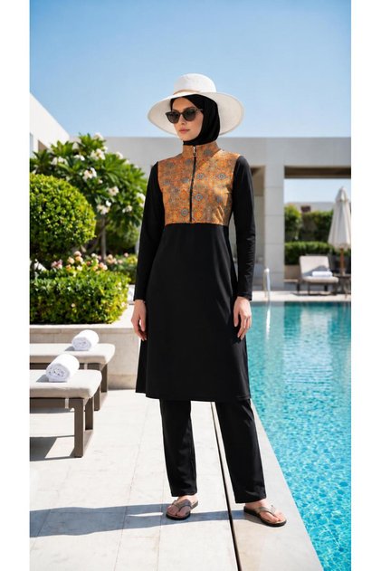Fully Covered Hijab Swimsuit with Ethnic Pattern 3-Piece Set Rimal