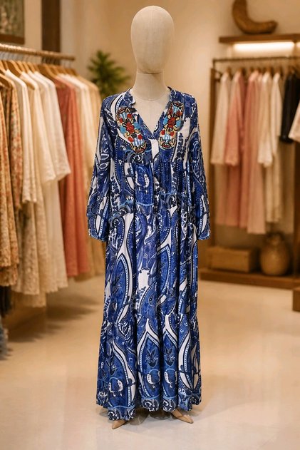 Women's Blue Paisley (Shawl) Patterned Beaded and Embroidery Detailed V-Neck Bohemian Dress