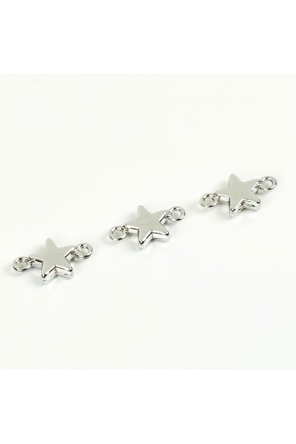 1 Adet - 15 mm Çift Kulplu Yıldız Desenli Uç, Charm Uç, Rodyum Kaplama 1.Kalite Kararmaz