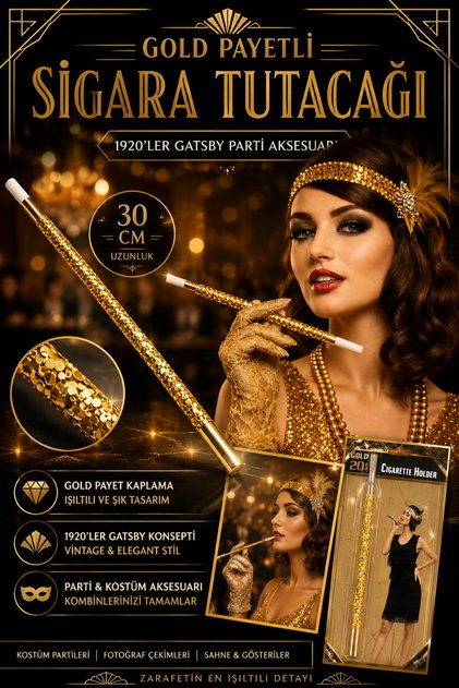 30 cm Altın Gold Payetli Gatsby Sigara Tutacağı Vintage Parti Aksesuarı