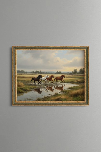 Running Horse Herd in the Steppe - Vintage Patterned Frame - Slim Model