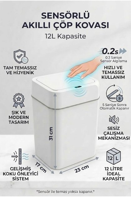 12 Lt Sensörlü Otomatik Kapaklı Çöp Kovası Sessiz Temassız Koku Önleyici Banyo Tuvalet Beyaz