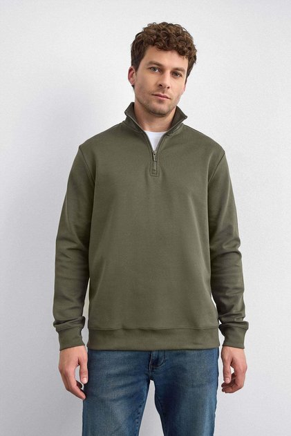 Khaki Regular Fit High Collar Half Zipper Sweatshirt