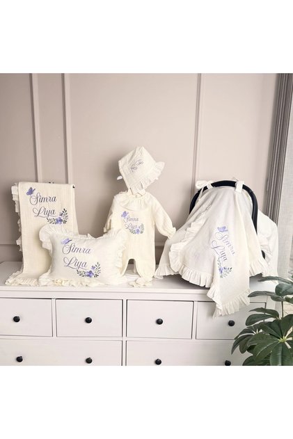 Baby Name Embroidered 100% Cotton Muslin Hospital Discharge Set Pillow Blanket Stroller Cover Ruffle