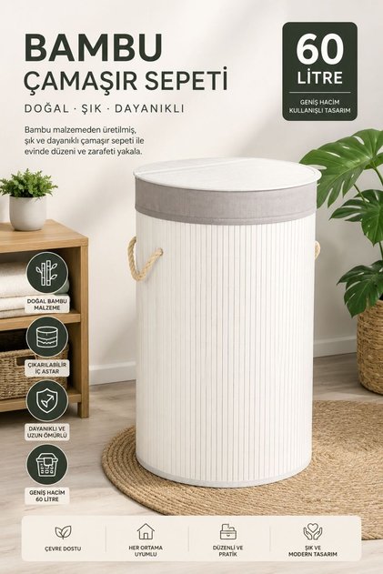 Bambu Beyaz Katlanır Çamaşır Sepeti 60 LT Kapaklı Kirli Çamaşır Sepeti Büyük Boy Çamaşırlık