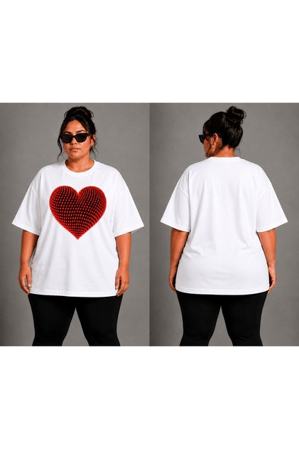 Women's Oversize T-Shirt Dotted Heart Printed 100% Cotton T-Shirt Large Size Comfortable Fit
