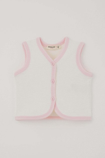 Baby Girl Vest with Textured Button Detail, 0-9 Months, Ecru