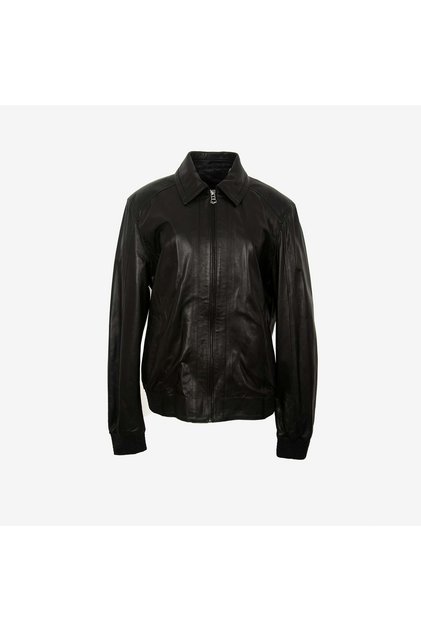 Men's Shirt Collar Sleeves Cuffed Zippered Black Leather Coat K-909