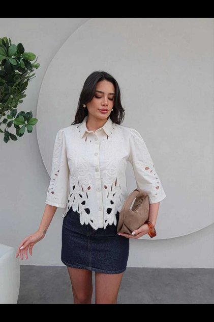 AJURLU DANTEL CROP POPLİN GÖMLEK