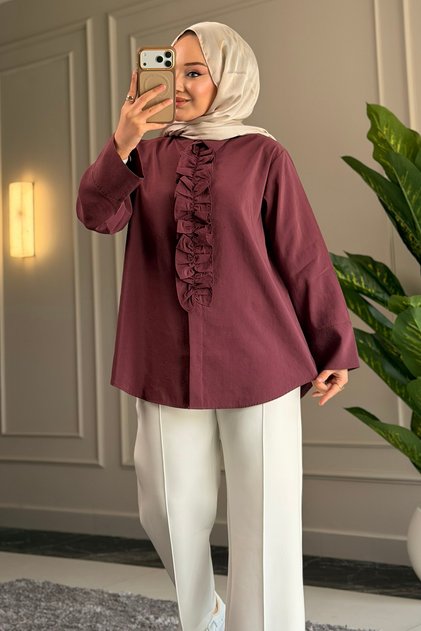 6535 - Stylish Comfortable Ruffle Detailed Woven Peach Fabric Women's Shirt