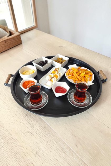 Metal Tray with Wooden Handle 50 cm Round Breakfast Tea Coffee Presentation Tray