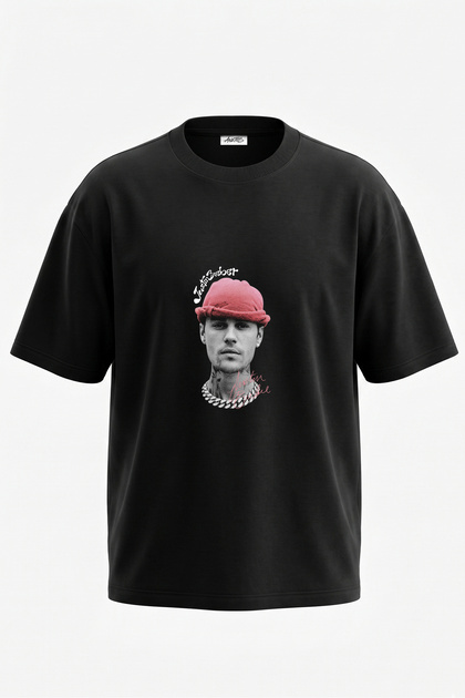 Justin Bieber_1 Design Back Printed Cotton Black Oversize T-Shirt