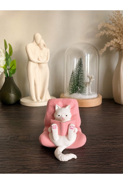 MsvStudio Kitap Okuyan Kedi Figürü – Sevimli Dekor – Kitaplık Süsü