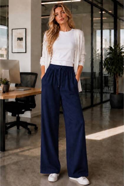 Dark Blue Cotton Pants with Elastic Waist and Laces, Comfortable Cut, Wide Legs