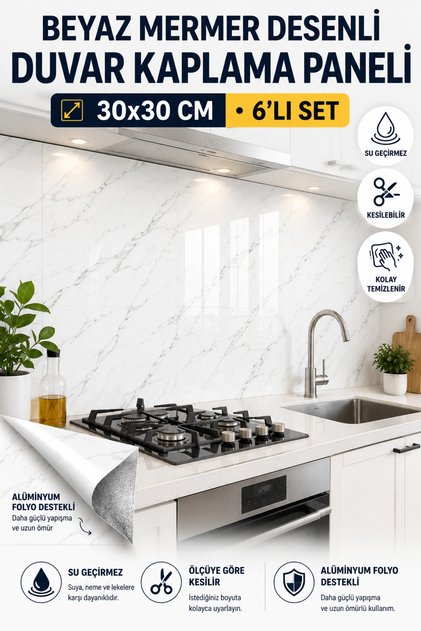 6 Pieces of Adhesive White Marble Patterned Wall Covering Panel 30X30 cm Waterproof Decorative Wall