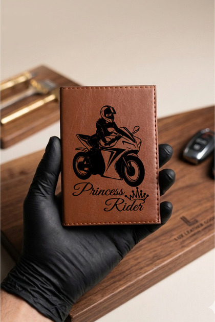 Princess Rider Brown Tan Leather Stitched Motor License Holder, Leather License Case New Car Gift