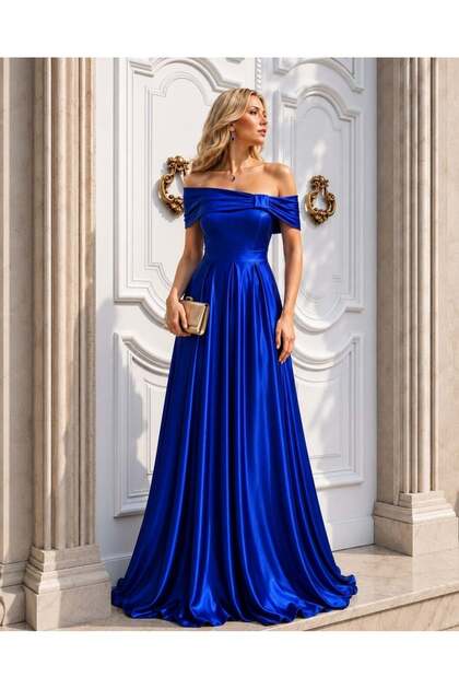 Modafeminen Cobalt Blue Off Shoulder Satin Long Evening Dress 582611