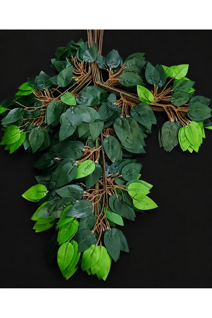 Set 12 ramuri decorative artificiale verde închis – tijă maro și frunze lucioase cu accente lime