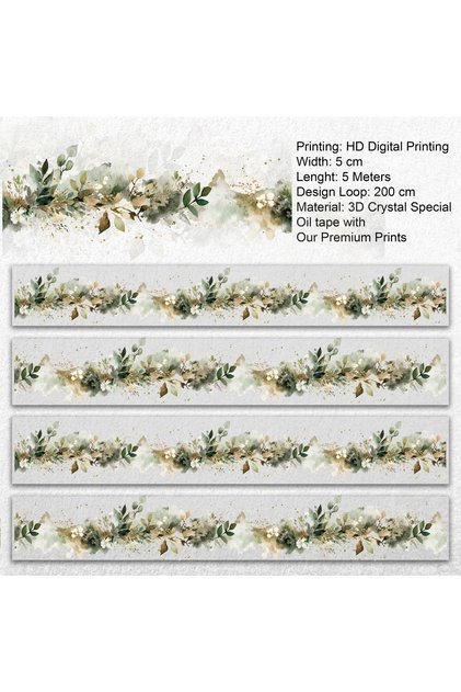 Sage Meadow PET Tape 5cm | Suluboya Yeşil Yaprak ve Botanik Floral Scrapbook Bandı
