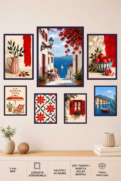 Mediterranean Breeze Frame-Look 7 Piece Mdf Painting Set – Red & Navy Blue Concept Wall Decor