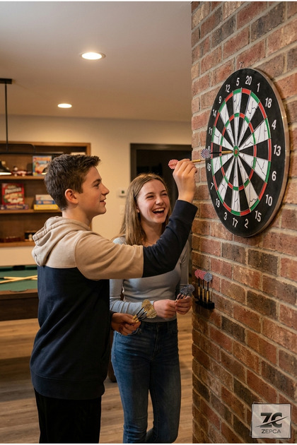 45 cm Dart Seti – 6 Adet 6G Nikel Kaplama Yapışkanlı Dart, Demir Floklu Hedef Tahtası, Askı Aparatlı
