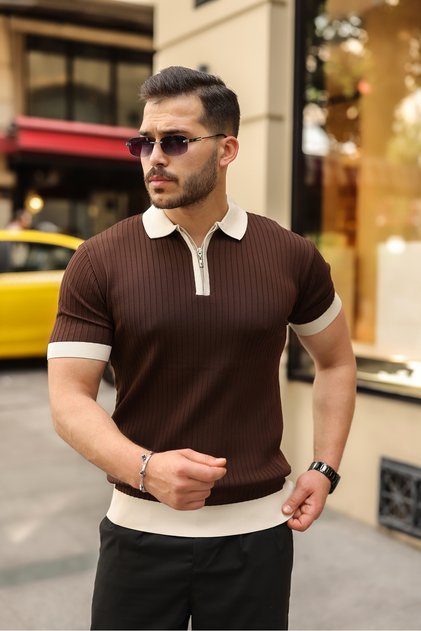 Men's Elite Cut Polo Collar Ribbed Knitwear T-Shirt - Half Zipper