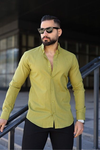 Erkek Keten Slim Fit Uzun Kollu Gömlek