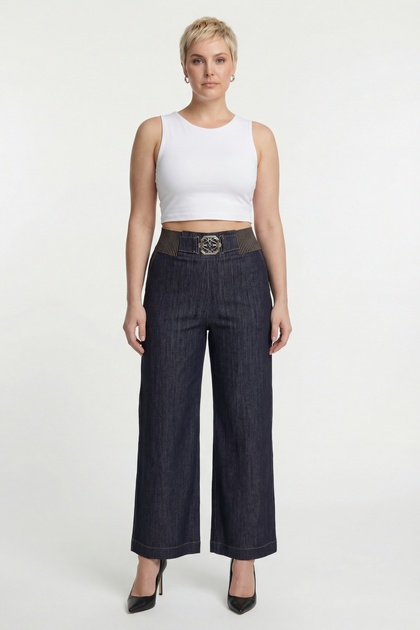 Women's Navy Blue Summer Denim Trousers with Elastic Waist and Accessories