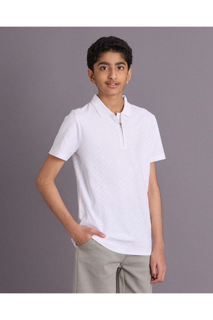 Senior Boys White Jacquard Zip Neck Polo