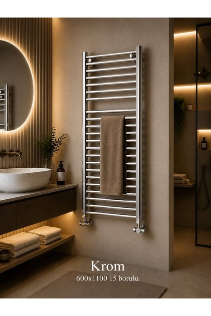 Krom Havlupan 600x1100 mm 15 Borulu Krom Renk Banyo Havlupanı