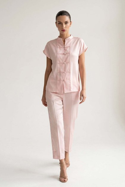 Powder pink collar button detailed short sleeve blouse