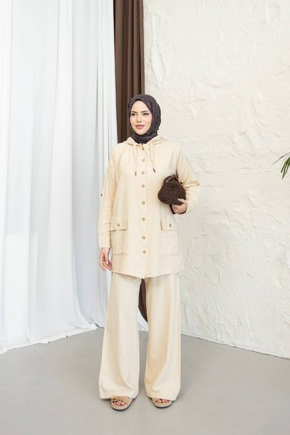 Hooded Detailed Pocketed 100% Cotton Linen Double Set