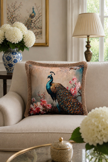 Peacock Patterned Tasseled Babyface Woven Throw Pillow Cover
