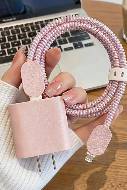 iPhone 18W/20W/25W Deri Görünümlü Şarj Aleti Koruyucu Şarj Kablosu Örme Aparatlı Koruyucu Toparlayıcı