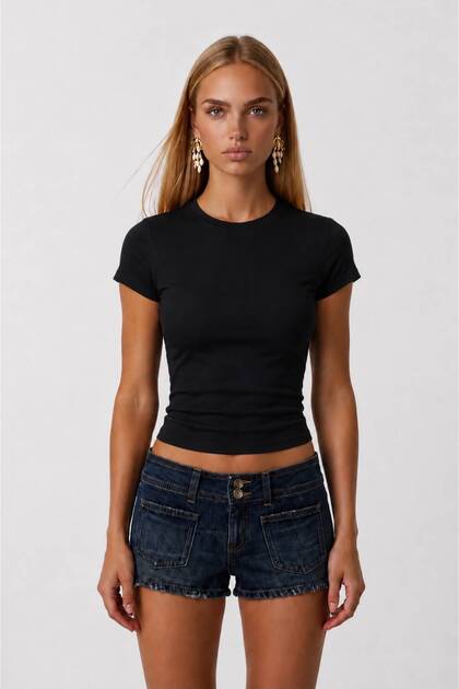Women's Black 95% Cotton Basic Crop Top Blouse