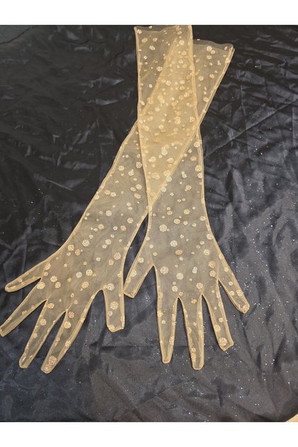 Sabrına Patterned Sparkling Long Tulle Gloves in Nude Color