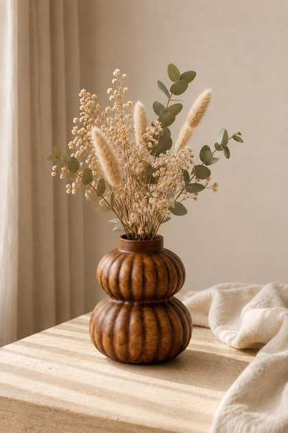 Dekoratif Bal Kabağı Vazo – Modern Dekoratif El Yapımı Vazo | Pampas, Kuru Çiçek Vazosu | 11,5x16 cm