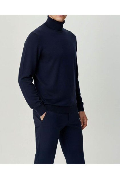 Italian Style Slim Fit Turtleneck Men's Knitwear Sweater Navy Blue T15100