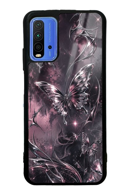 Xiaomi Redmi 9t Rose Chrome Butterfly Design Glossy Phone Case