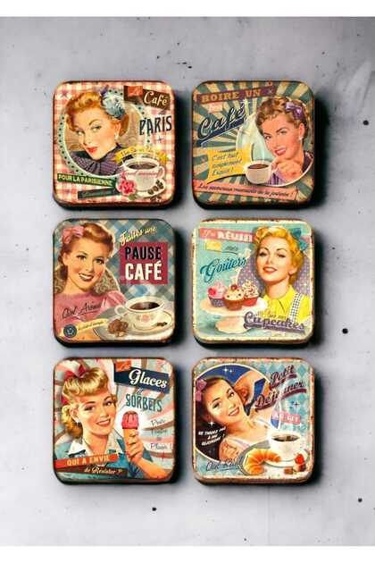 Tea Coffee Cupcake Retro Vintage Wooden Coaster Set 6 Pieces
