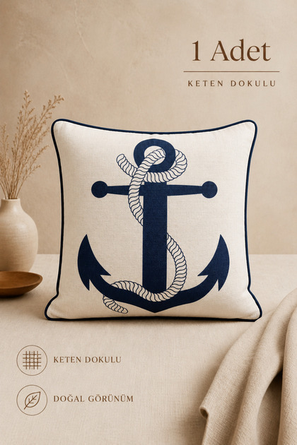 Deniz Serisi Çapa Desenli Dekoratif Kırlent Kıl Biye Detaylı (1 Adet)