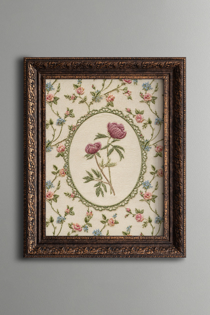 Embroidery-Style Peony Composition - Vintage Patterned Painting - Thick Model