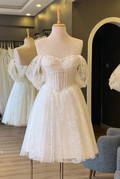 Beyaz Simli Lez Etekli Mini After Parti ve Nikah Elbisesi