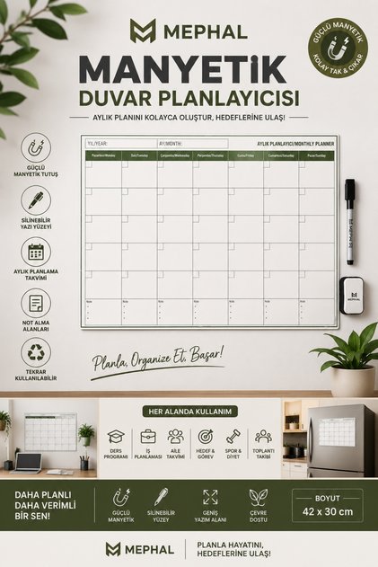 Manyetik Yapışkanlı Bir Aylık Program Planlayıcı Takvim 85x56 Cm